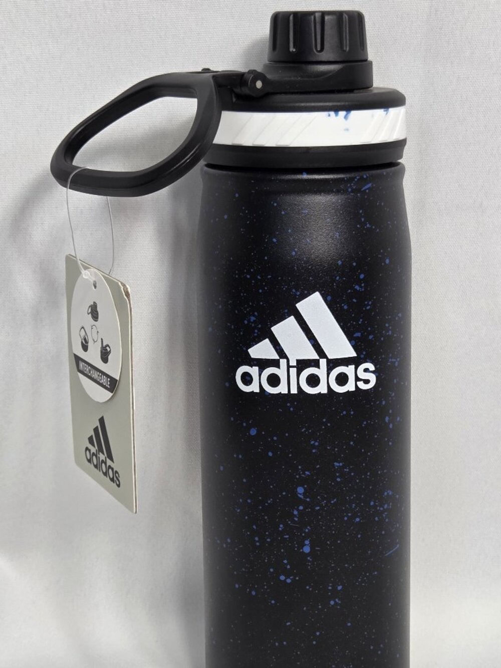 Adidas Steel Straw 600ML Metal Water Bottle Black Blue Speckled Splatter NWT